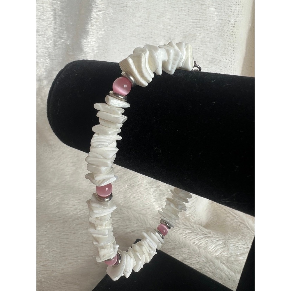 White Puka Shell Anklet Pink 9" Puka Style Beachy Coastal Chic Boho Adjustable‎